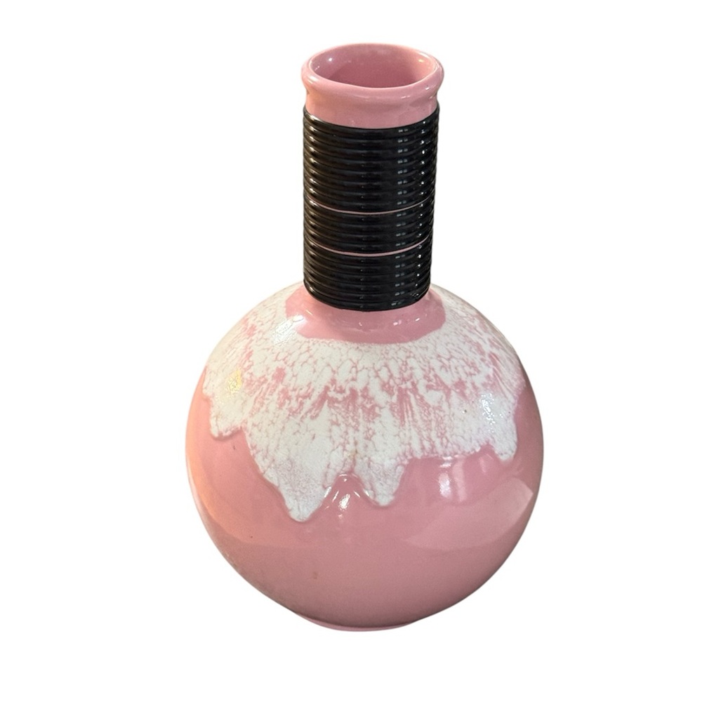 Pink Black and White Ceramic Vase 8.5” Tall